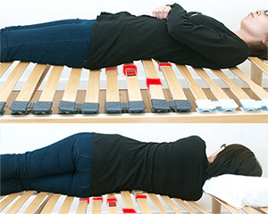 ウッドスプリングベッドの動き、身体/骨格の支えの様子　仰向けと横向き寝姿勢